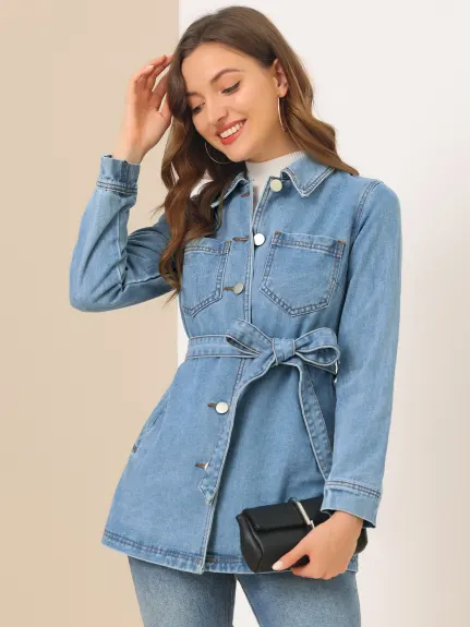 Allegra K- Veste en jean à manches raglan et ceinture à nouer à la taille