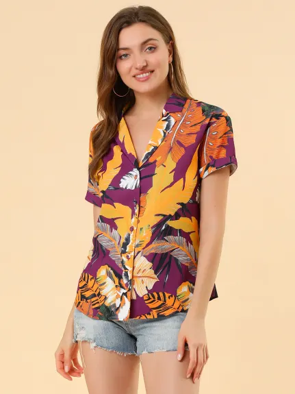 Allegra K- Beach Tropical Floral Leaves Button Down Shirt