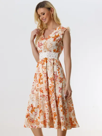 Allegra K- V Neck Lace Insert Waist Midi Floral Sundress