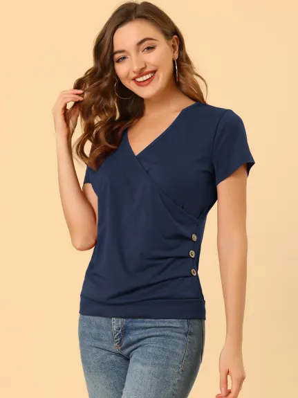 Allegra K - Wrap V Neck Short Sleeve Ruched Top