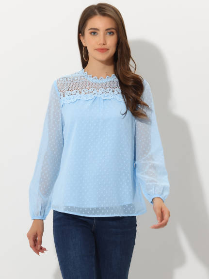 Allegra K- Lace Crochet Crew Neck Chiffon Blouse