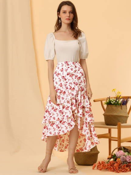 Allegra K- High Low Ruffle Hem Floral Tiered Skirt