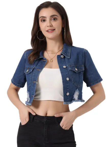 Allegra K- Veste en jean courte effilochée à manches courtes