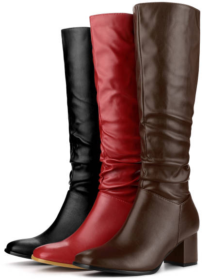 Allegra K - Slouch Square Toe Block Heel Knee High Boots