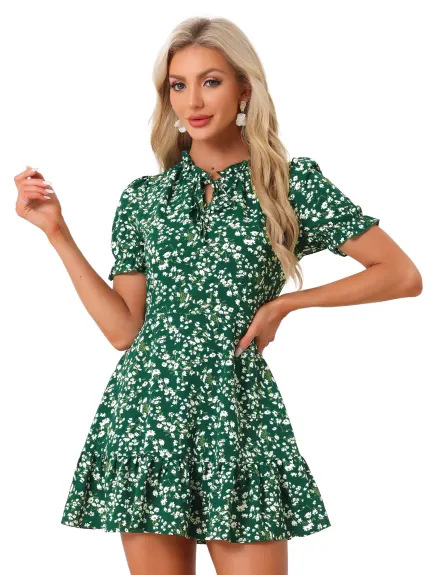 Allegra K- Ruffle Chiffon Tie Neck Puff Short Sleeve Floral Smock Dress