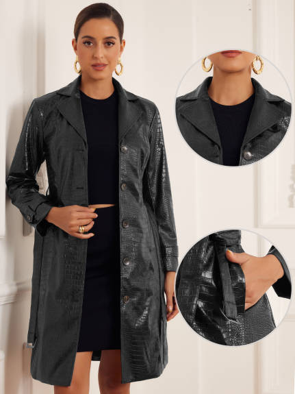 Allegra K - Belted Winter Faux Leather Coat