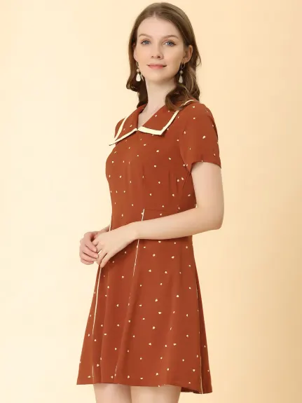 Allegra K- Heart Printed Doll Collar Short Sleeve Dress
