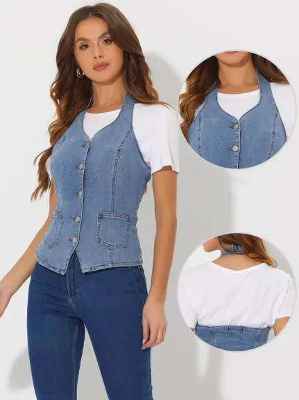 Allegra K- Denim Halter Neck Backless Waistcoat