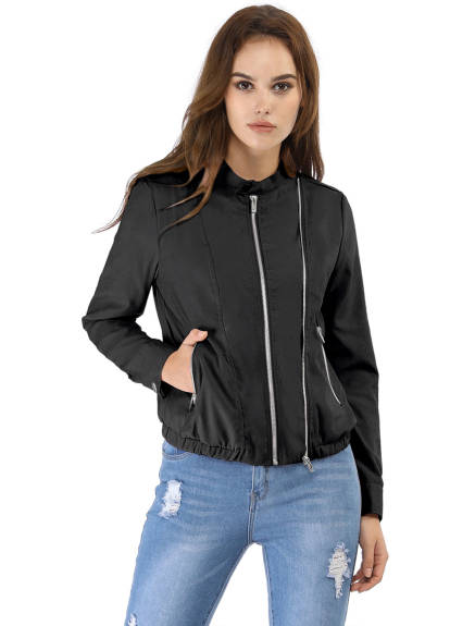 Allegra K- Lightweight Stand Collar Biker Moto Jacket