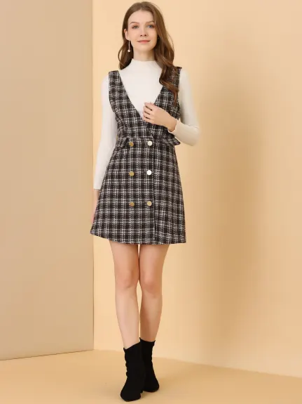 Allegra K - Elegant Button Plaid Tweed Overalls Skirt