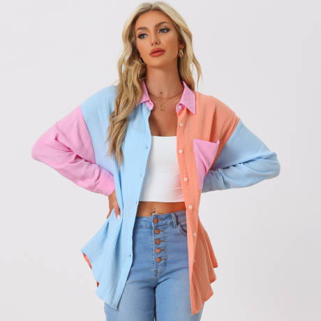 Allegra K- Color Block Button Down Shirt Blouse