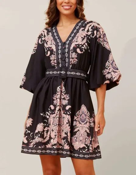 Annick - Esmeralda Robe Ceinturée Col V Imprimé Cachemire