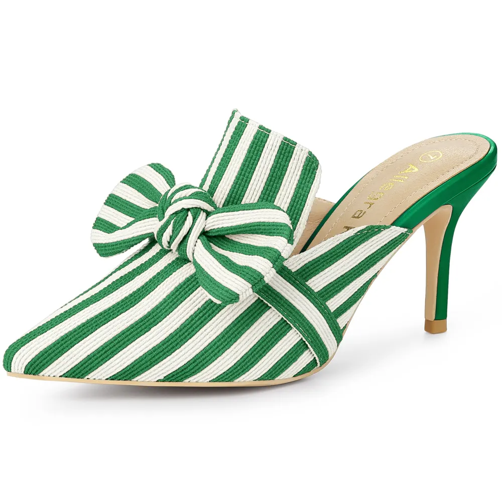 Allegra K - Slip-on Stripe Bow Stiletto Heel Slide Mule