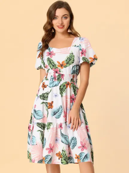 Allegra K- Chiffon Puff Sleeve Tiered Hem Tropical Print Dress