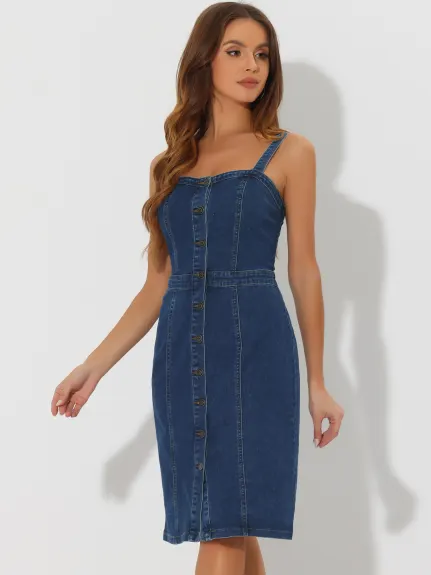 Allegra K- Button Down Sleeveless Sweetheart Neck Denim Dress