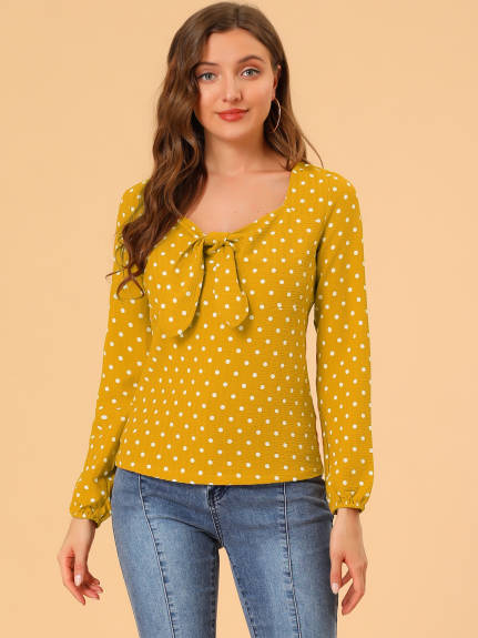 Allegra K- Tie Long Sleeve Polka Dots Blouse