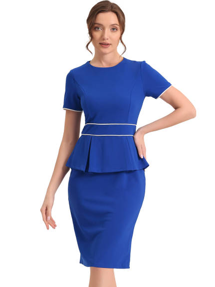 Allegra K- Crew Neck Peplum Contrast Trim Short Sleeve Dress