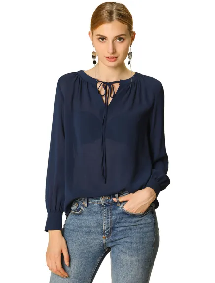 Allegra K- Semi Sheer Long Sleeve Tie Neck Chiffon Top