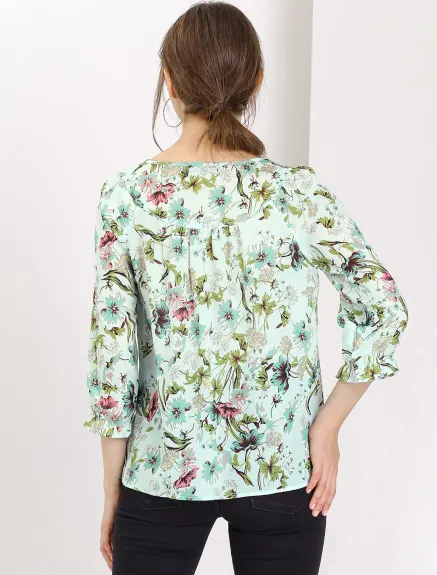 Allegra K- Tie V Neck Ruffled 3/4 Sleeve Floral Blouse