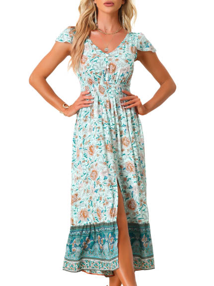 Allegra K- Boho Floral Smocked Waist V Neck Dress