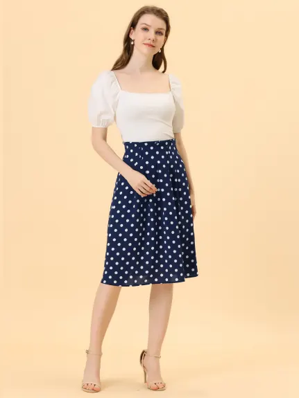 Allegra K- Belted Elastic Waist A-Line Midi Skirt