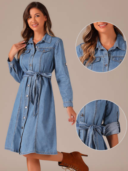 Allegra K - Long Sleeve Button Down Belted Denim Dress