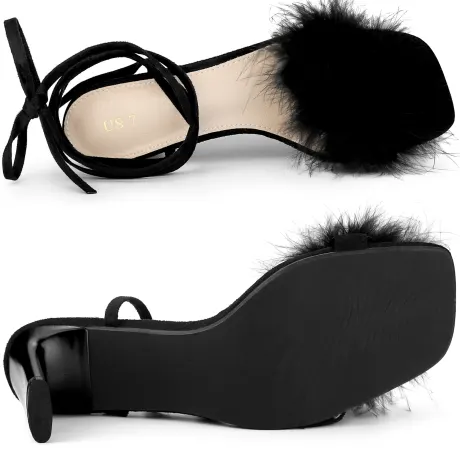 Allegra K - Faux Fur Slingback Block Heel Sandals