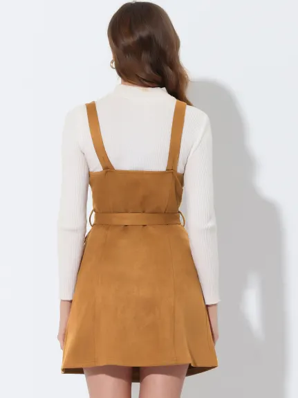 Allegra K- Faux Suede V Neck Button Down Belted Pinafore Overall Dress