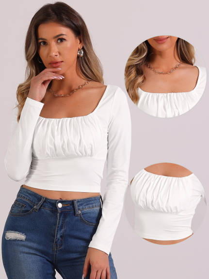 Allegra K- Square Neck Crop Ruched Blouse