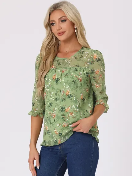 Allegra K- Blouse florale en mousseline à manches 3/4 et à volants