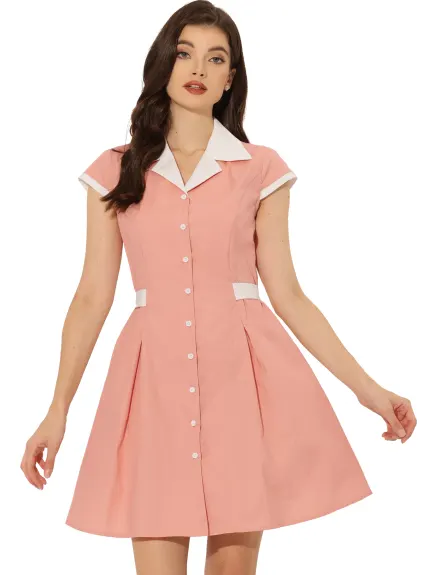 Allegra K- Button Down Flat Collar Belted Mini Shirt Dress