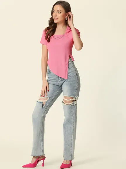 Allegra K - Asymmetrical Split Hem Summer T-Shirt