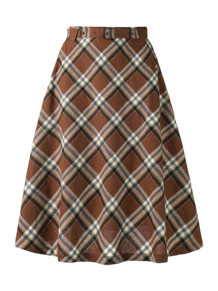 Allegra K- Plaid Tartan Belted A-Line Midi Skirt