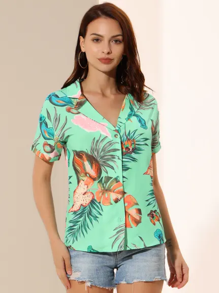 Allegra K- Beach Tropical Floral Leaves Button Down Shirt