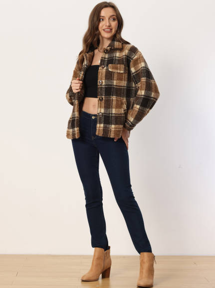 Allegra K - Faux Fleece Plaid Button Down Jacket