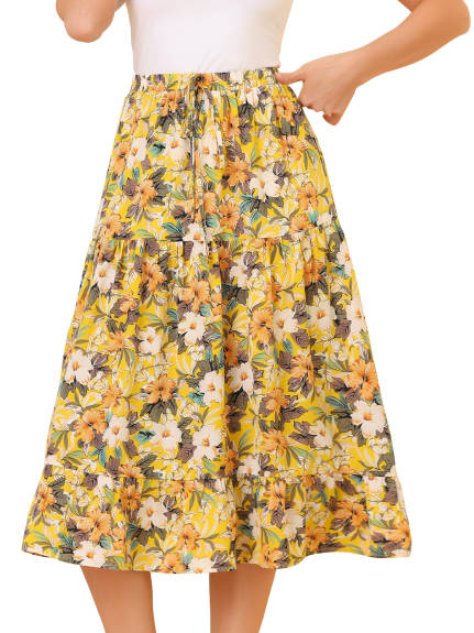 Allegra K- Floral Sunflower Tiered Chiffon A-Line Skirt