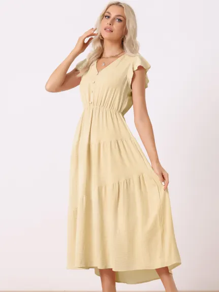 Allegra K- V Neck Short Sleeve Tiered Maxi Dress