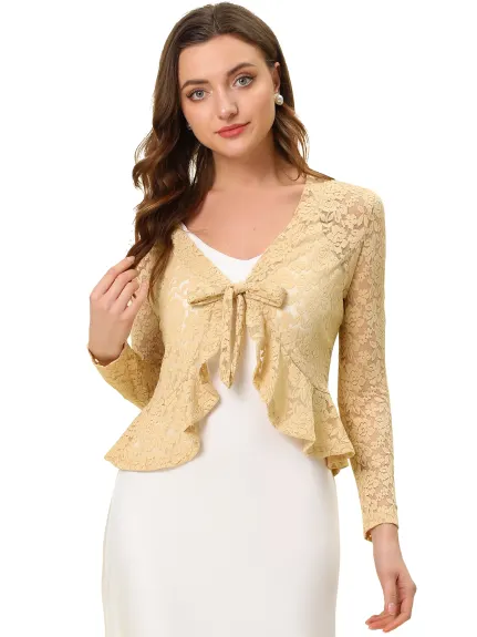 Allegra K - Tie Front Ruffle Lace Sheer Cropped Cardigan