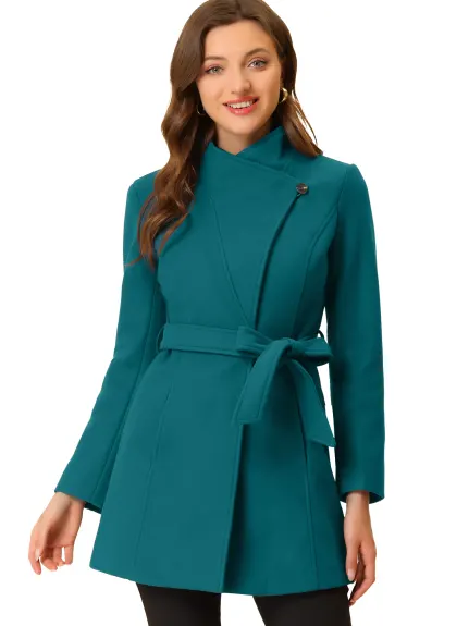 Allegra K- Classic Stand Collar Belted Long Coat