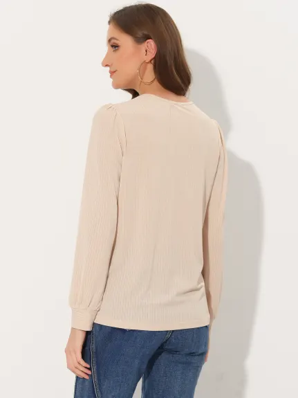 Allegra K - Long Sleeve Textured Keyhole Tops