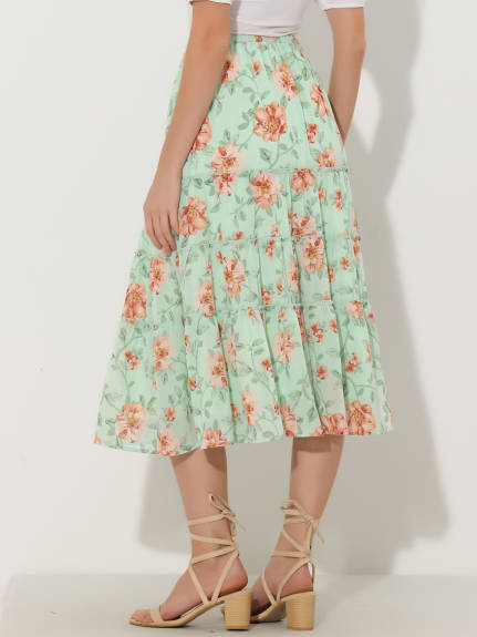 Allegra K- Floral Tiered A-Line Long Chiffon Skirt