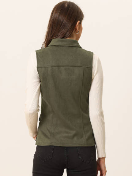 Allegra K- Faux Suede Vest Buttoned Jacket with Cargo Pocket