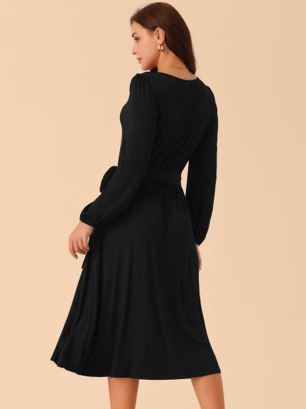 Allegra K - Crewneck Tie Waist Flowy Midi Dress