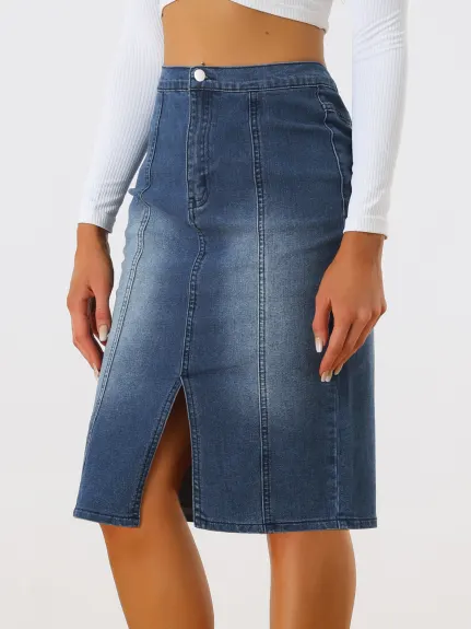 Allegra K- Jupe crayon en denim fendue à taille élastique