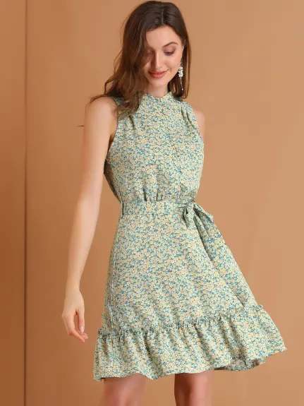 Allegra K- Floral Belted Sleeveless Ruffle Dress