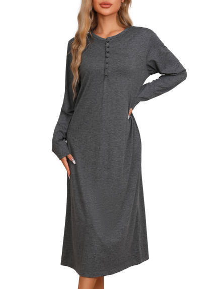 Cheibear - Button Down Long Sleeve Knit Nightgown