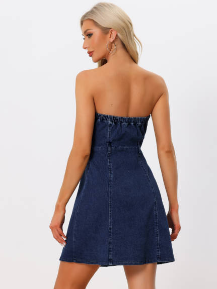 Allegra K - Strapless Sleeveless Tube Denim Dress