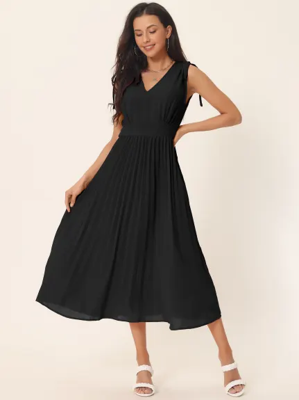 Allegra K - Sleeveless High Waist V Neck Pleated Dress