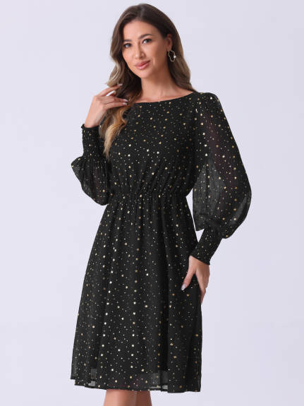 Allegra K - Puff Long Sleeve Gliding Stars Midi Dress