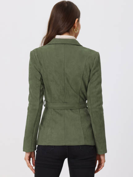 Allegra K- Faux Suede Belted Single Breasted Blazer Jacket Coat